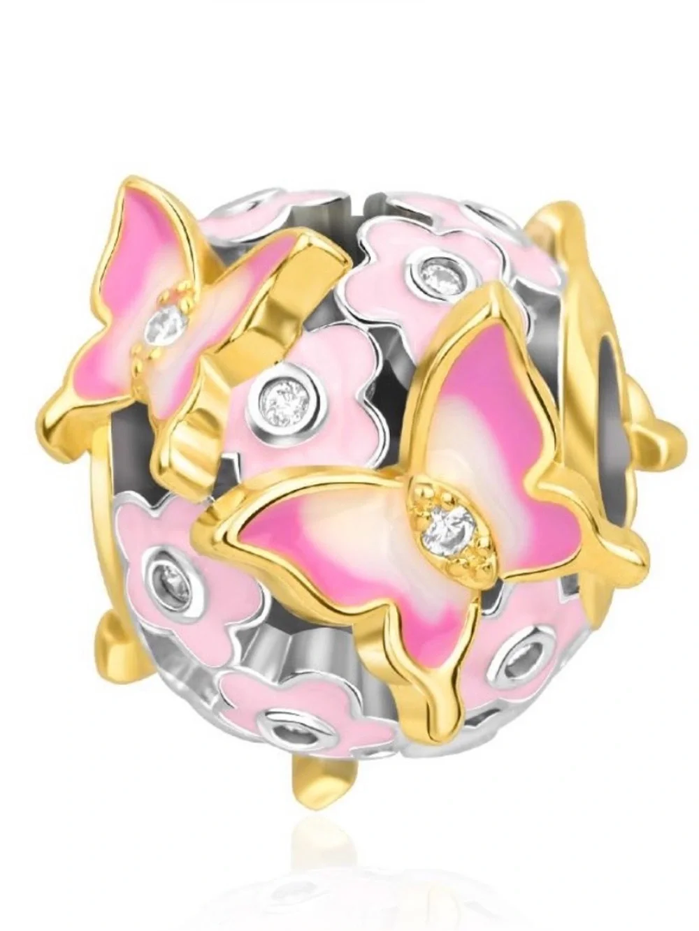 🦋 925 Pink Butterfly & Floral Charm | Gold Tone Accents | CZ | Sterling Silver